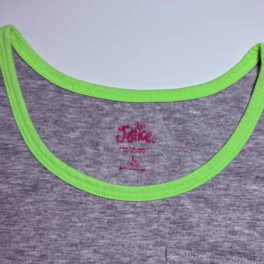 Justice Girls Grey Tank Top Neon Green Trim Graphic Pocket Size L 12/14